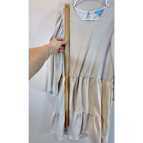 Draper James RSVP Tiered Tan Houndstooth 3/4 Puff Sleeve Mini Dress Women's XL - Picture 8 of 13